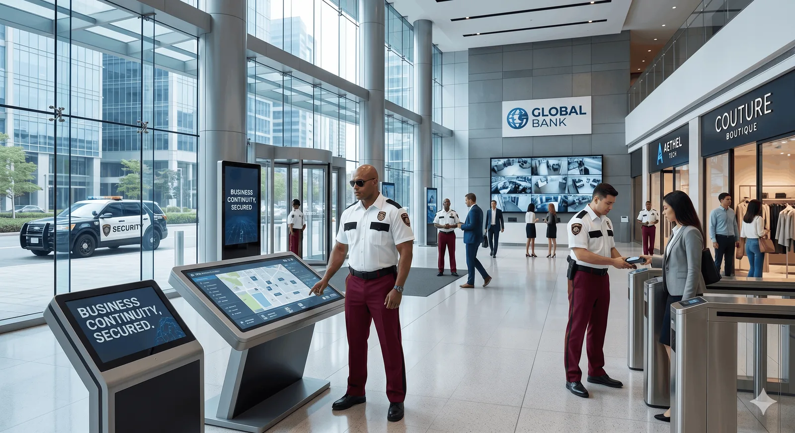 Security guard covering an office and shopping mall entrance