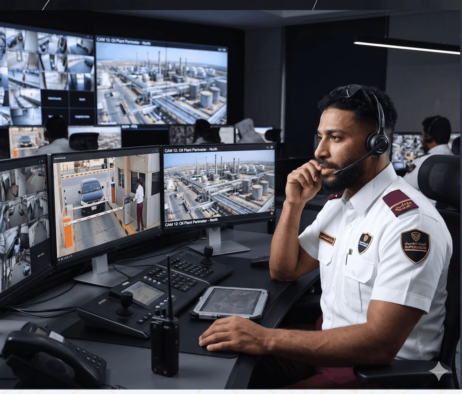 Security supervisor inspecting guards during a site visit