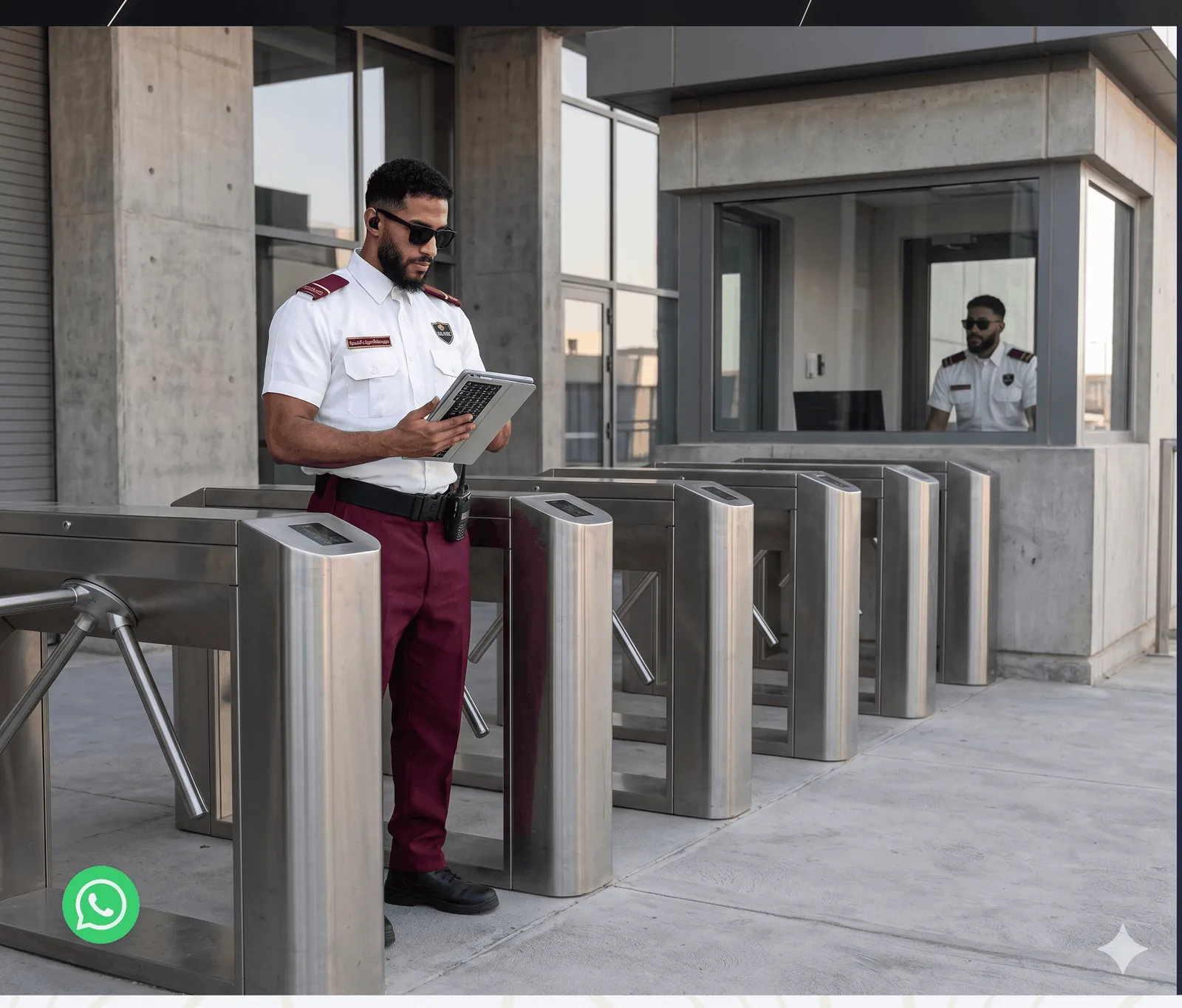 Uniformed static security guard on a fixed post at a building entrance in Saudi Arabia