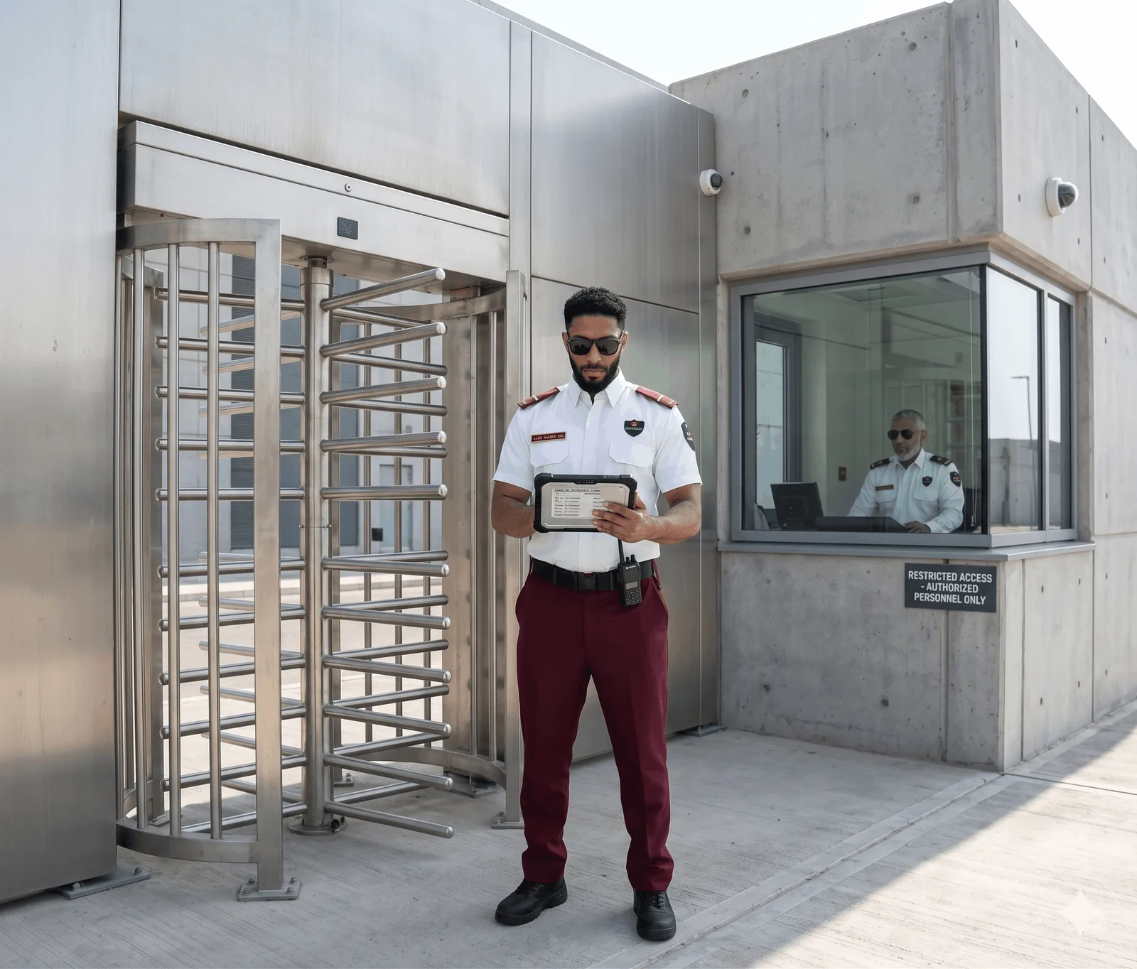 Security guard holding a fixed post at a controlled entry point