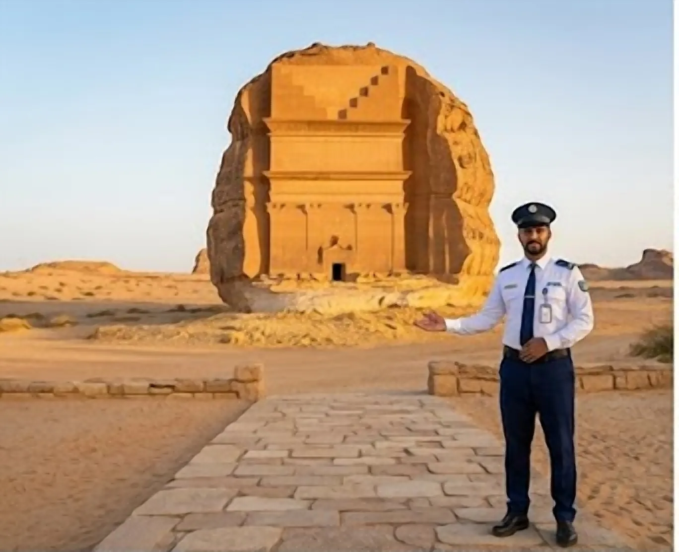 حارس بالزي الرسمي يستقبل الزوار في موقع أثري نبطي بالعُلا