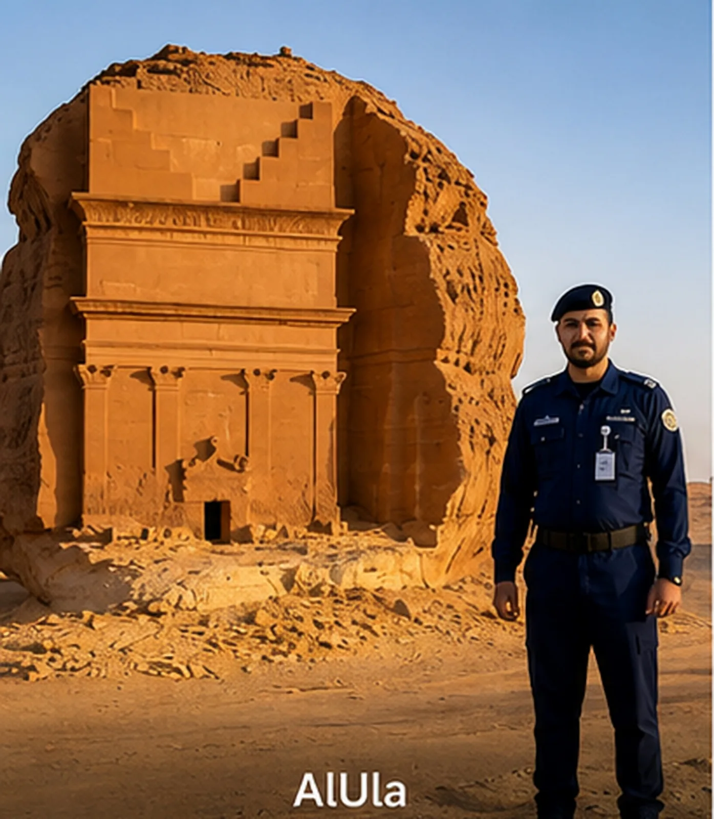 حارس أمن بجانب مقبرة الحِجر المنحوتة في الصخر بالعُلا