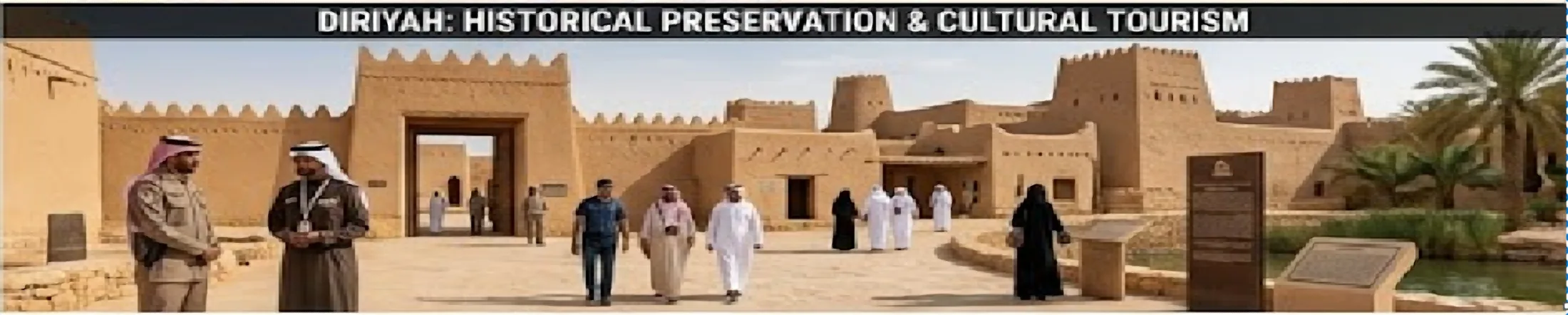 أفراد أمن يسيرون في الحي التاريخي بالدرعية بجانب الزوار