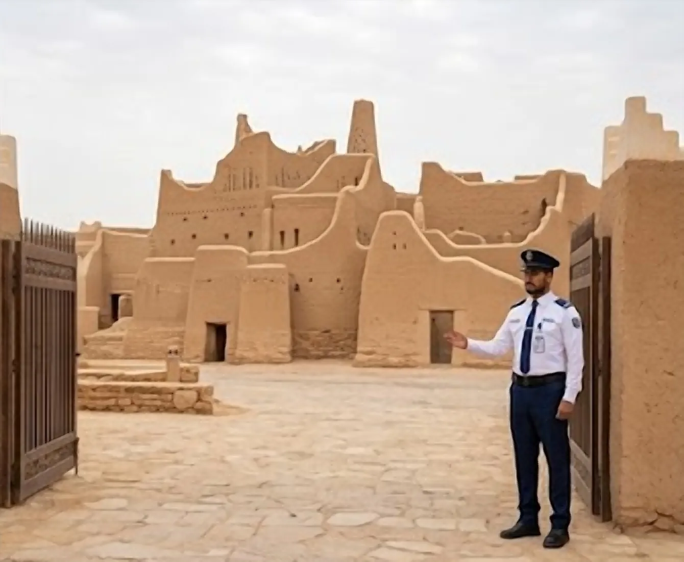 حارس في ساحة مرممة من الطين بالدرعية
