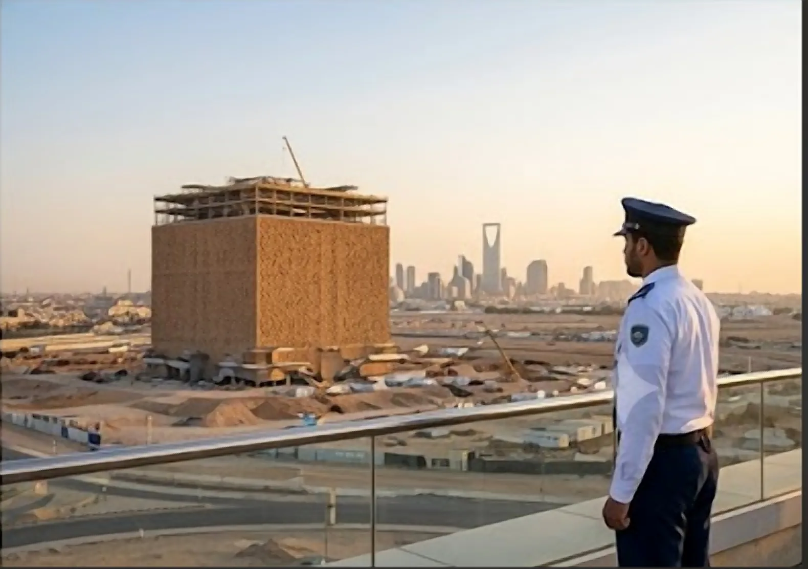 حارس يراقب هيكل المكعب قيد الإنشاء وأفق الرياض خلفه